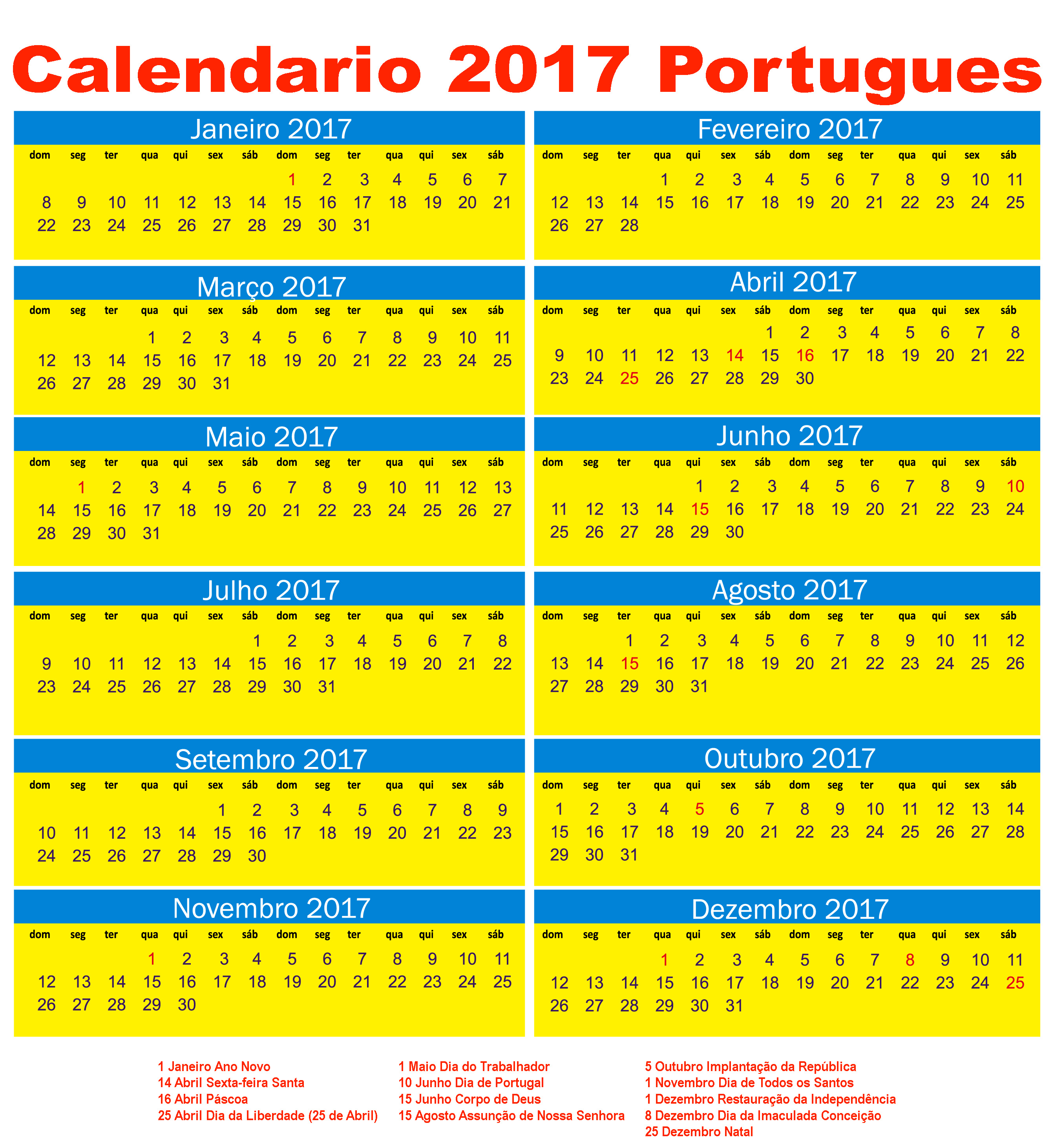 Calendário 2017 com Feriados para baixar e imprimir
