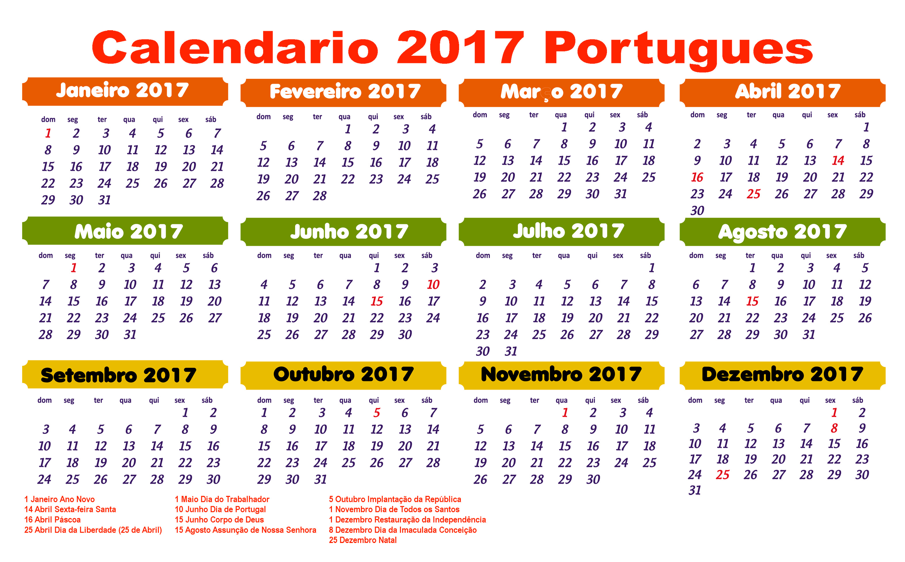 Calendário 2017 com Feriados para baixar e imprimir.
